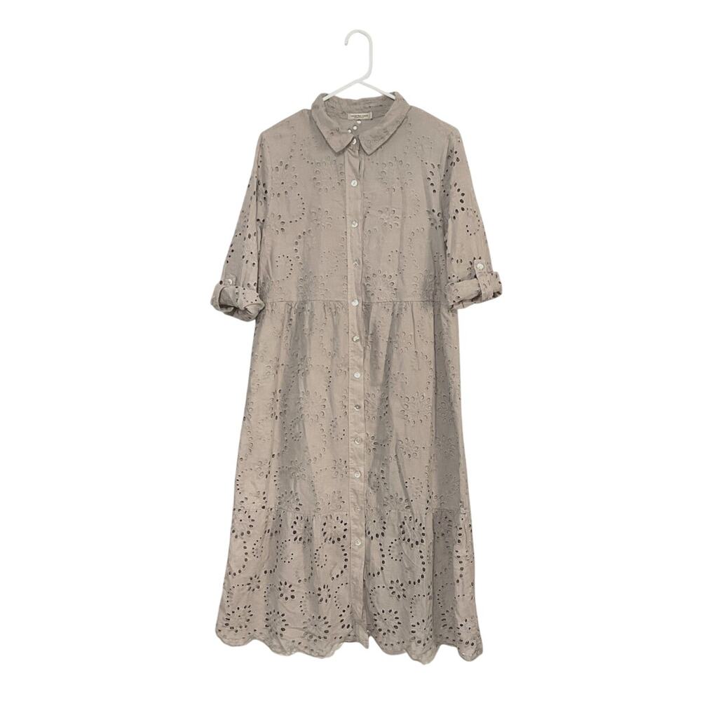 Valentina Naldi Eyelet Tiered Cotton Midi Shirt Dress Size Medium Made in Italy